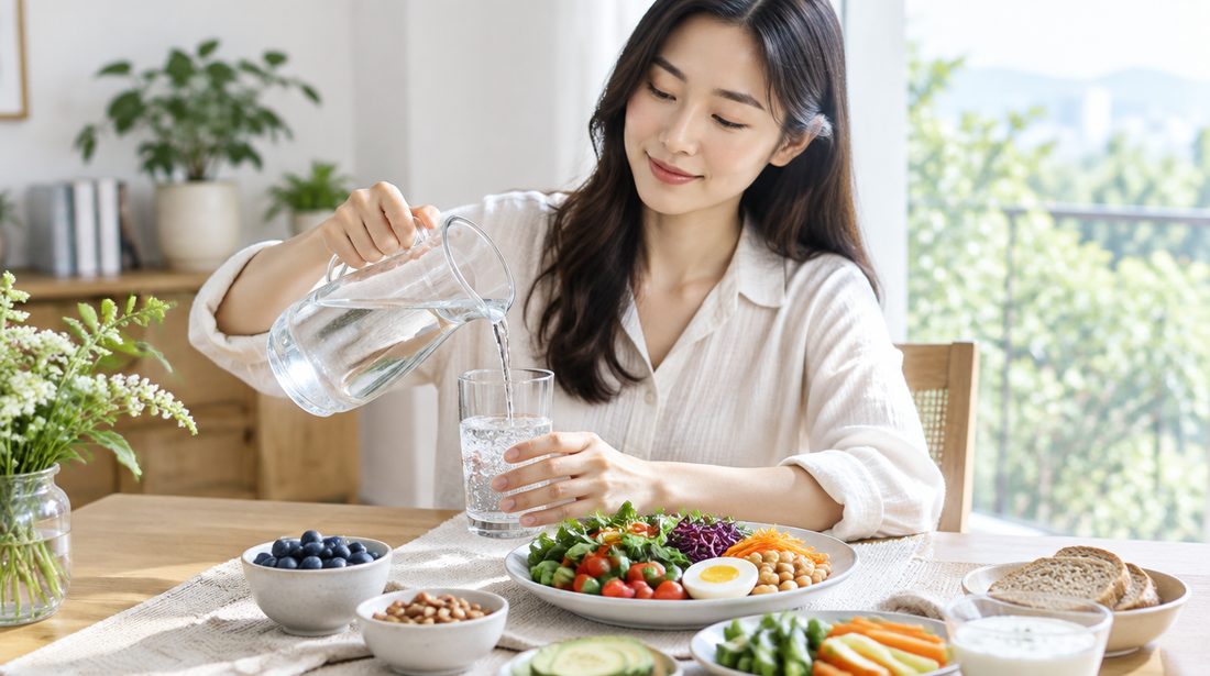 채소와 저지방 유제품, 물 한 잔과 통곡물로 차린 한국식 건강 밥상