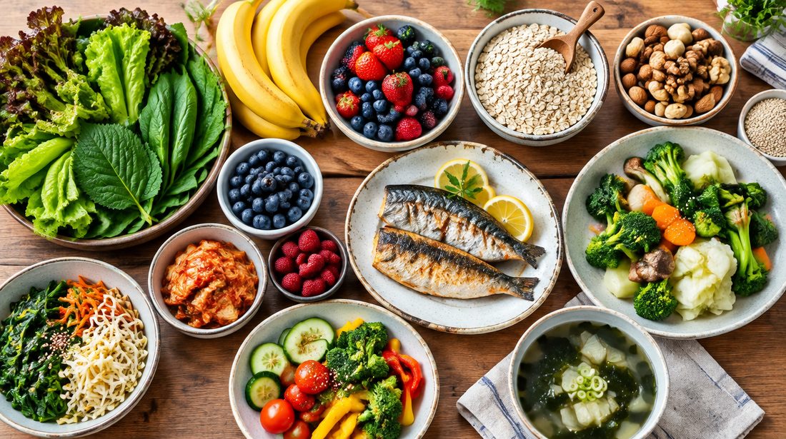 잡곡밥과 나물, 제철 채소와 과일, 저염 반찬과 물 한 잔으로 차린 한국식 저염 밥상